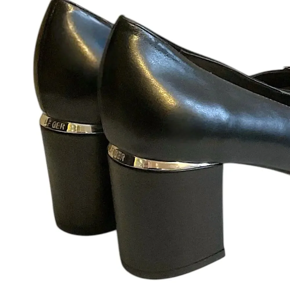 Tommy Hilfiger Women's Neysa Black Patent Toe Metal‎ Medallion Block Heels 9.5M